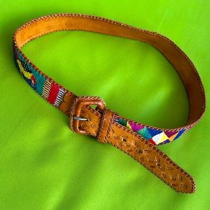 Vintage Hand-tooled Leather Embroidered Textile Belt